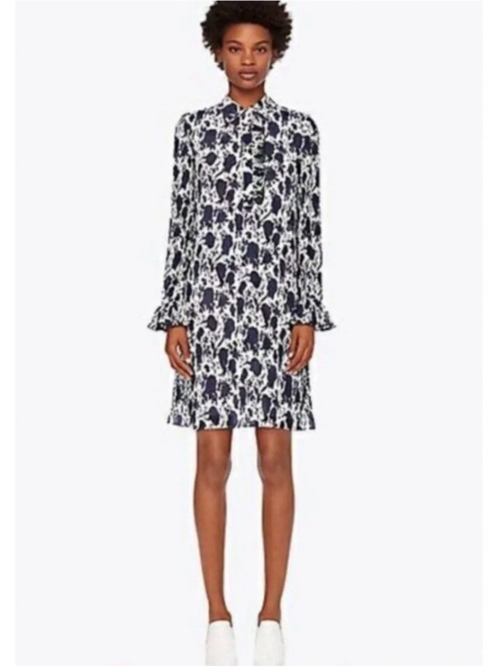 Tory Burch Navy and White Floral Long-Sleeve Shift Dress
